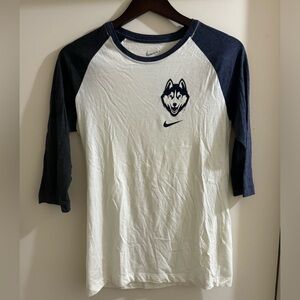 Nike, Slim Fit 3/4 Baseball Tee, Navy & Off-White, UConn Huskie Shirt, Size L